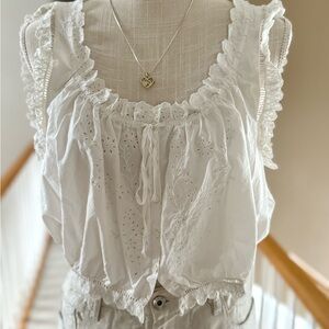DÔEN Traveler Top 100% Organic Cotton White Eyelet Lace Trim Size S